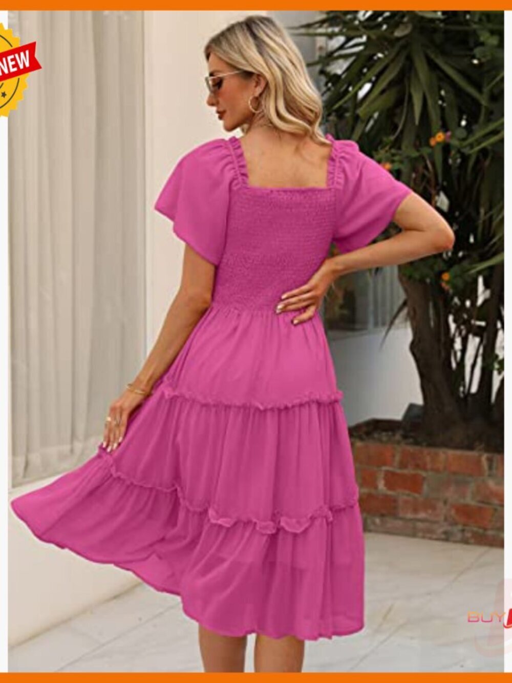 Summer Casual Flutter Sleeve Square Neck Smocked Midi Dress - Picture 2 of 6